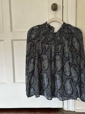 Smocked Neck Paisley Blouse in Blue and Green